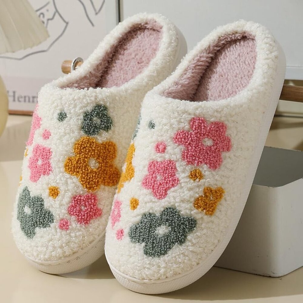 Plush Embroidered Slippers Soft Fluffy Warm Indoor Outdoor Unisex - Picture 3 of 7